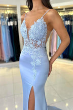 Mermaid Satin Lace Prom Dress With V Neck Spaghetti Straps Sleeveless With Slit