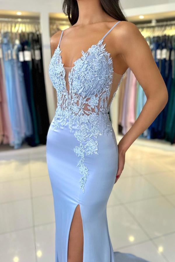 Mermaid Satin Lace Prom Dress With V Neck Spaghetti Straps Sleeveless With Slit