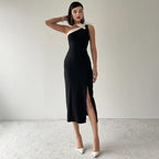 TARUXY Bow Skew Collar Sexy Split Maxi Dress Women's Contrast Color Sleeveless Elegant Club Evening Dress Splice Fashion Outfits