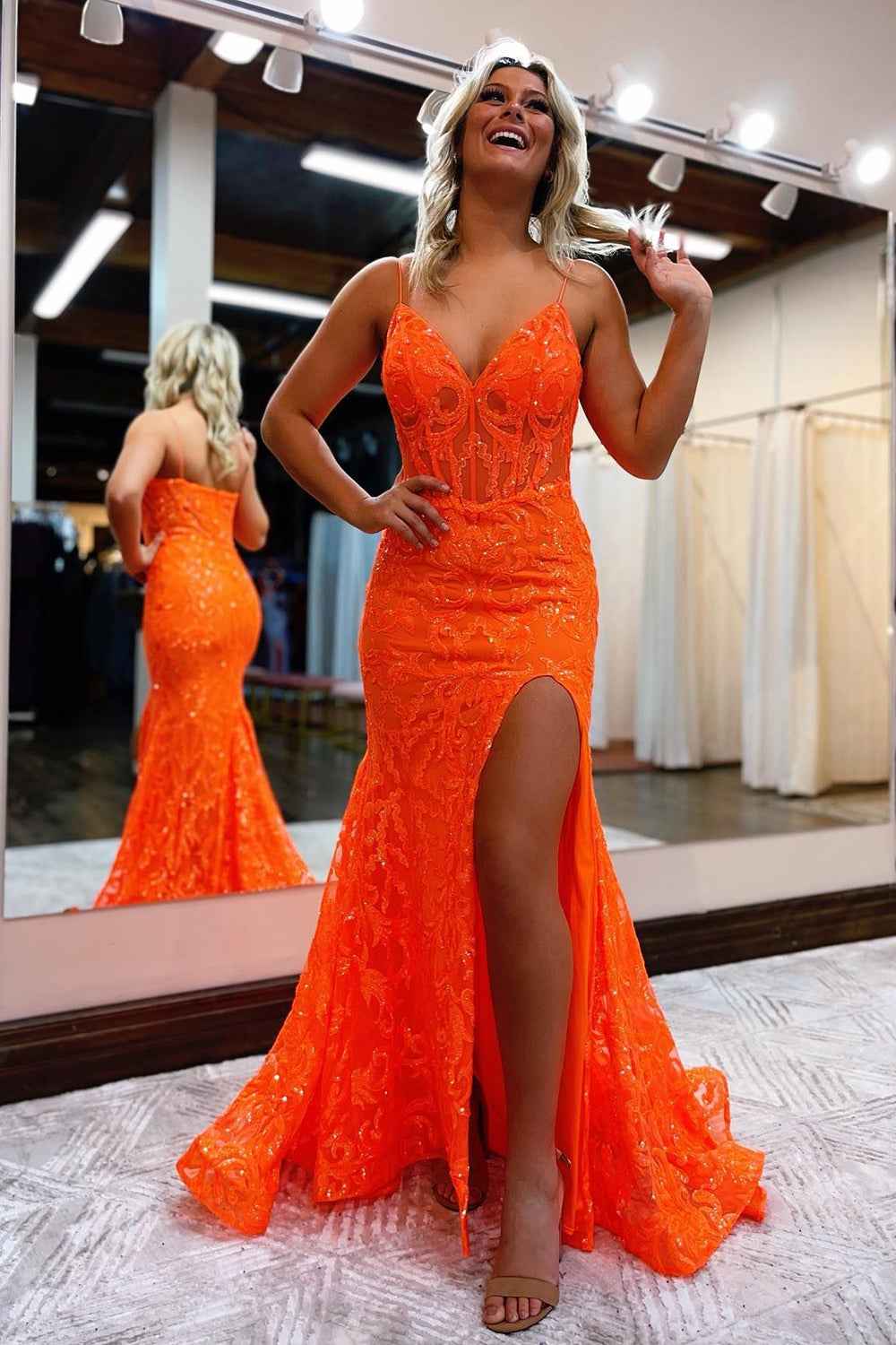 Orange Sequin Mermaid Prom Dress With Spaghetti Straps For Evening Party