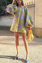 O Meu Vestido Mini Baby-doll de Manga Bufante com Estampa Floral Retrô da Minha Namorada dos Sonhos