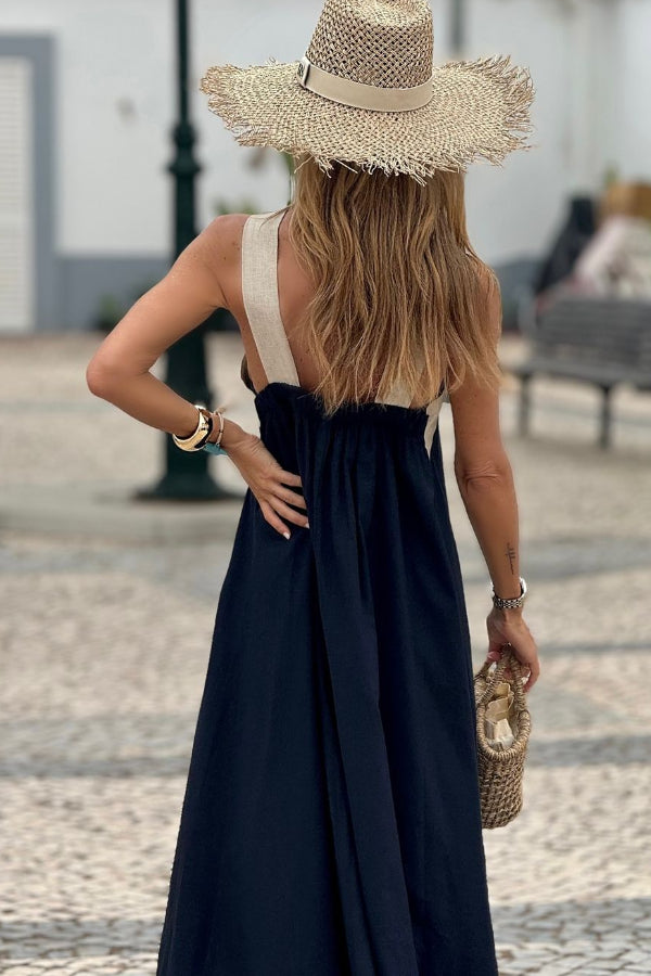 Robe longue à col bénitier bretelles croisées évasée en bloc de couleurs