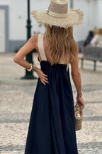 Robe longue à col bénitier bretelles croisées évasée en bloc de couleurs