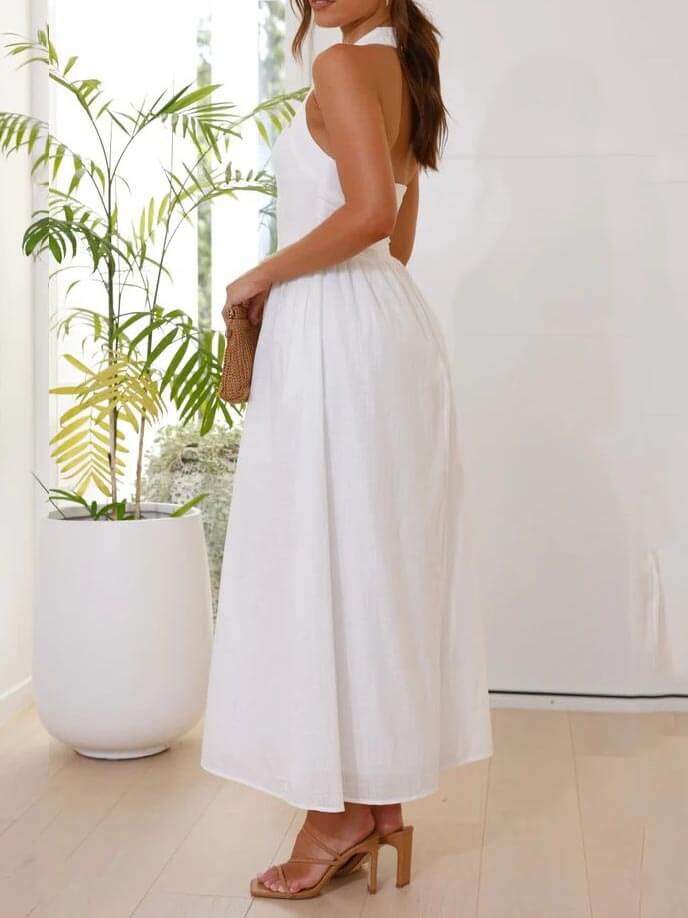 Vestido negro corto con cuello halter y cintura alta, vestido de longitud media 