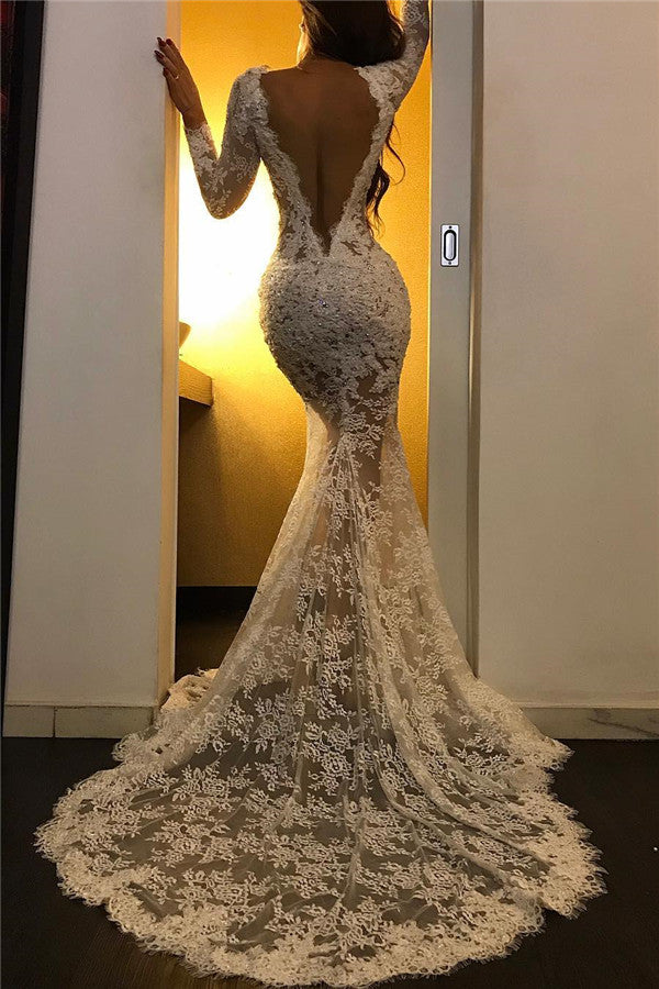 Bmbridal Long Sleeves Lace Appliques Prom Dress Mermaid With Split