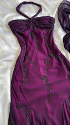 Vestido de fiesta largo de noche estilo sirena vintage con tirantes morados y cuentas de gasa Y7503