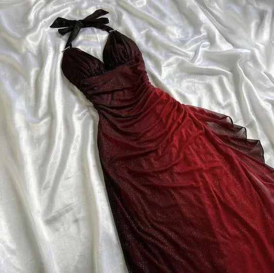 Vestido longo de festa e cerimónia vermelho em chiffon com decote em V e alças halter degradé Y7485