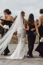 Modern Spaghetti Straps Jewel Mermaid Wedding Dress With Lace V Neck