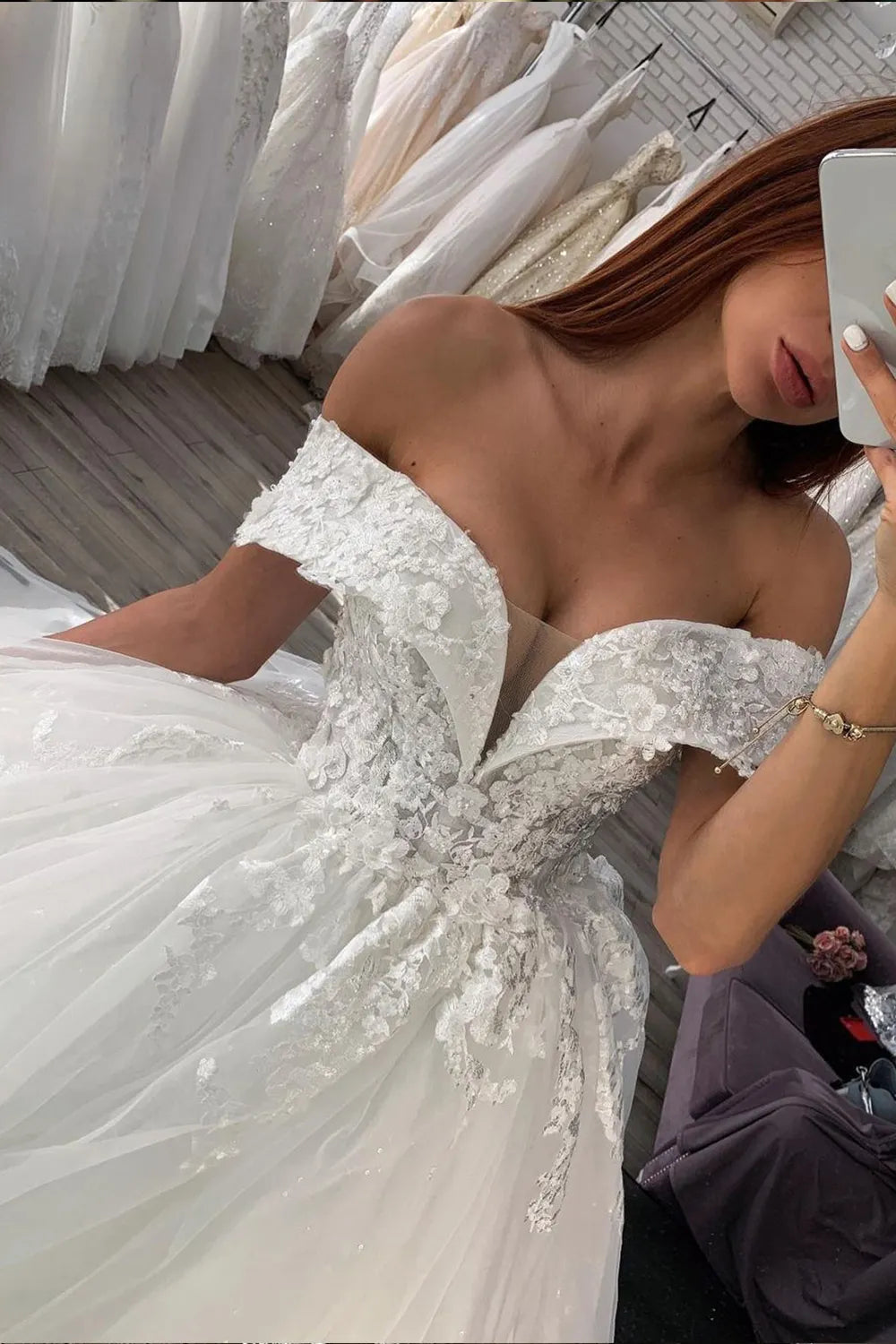 Shiny Ball Gown Off Shoulder Wedding Dress With Lace Sweetheart Neckline