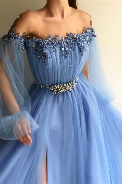 Off-the-Shoulder Long Sleeves Long Tulle Prom Dress With Beads and Slits