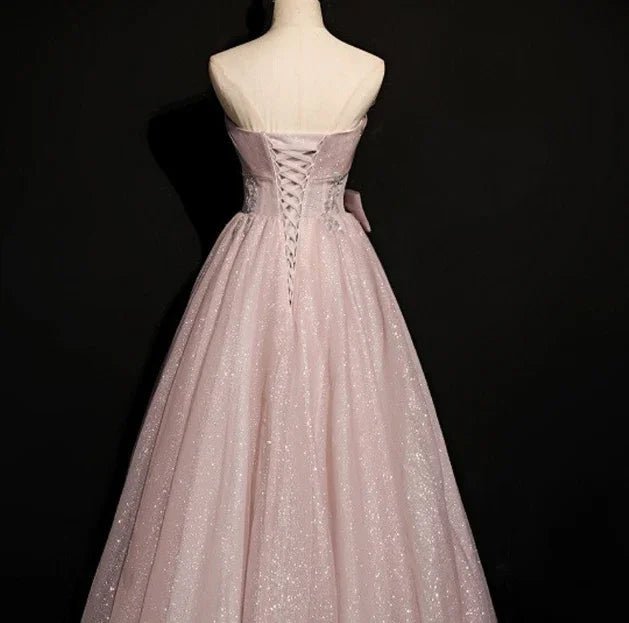 Wunderschönes rosa Tüll mit Pailletten, trägerlos, plissiert, Perlenbesatz, Ballkleid für festliche Anlässe, Geburtstags- und Quinceañera-Kleid Y7579