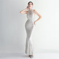 Sequined Craft Beading Cocktail Evening Dress Elegant Long Halter Slim Fit Fishtail