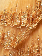 Goldene Prinzessin A-Linien Korsett-Abendkleid mit Spitzenvolants und schulterfreiem Ausschnitt