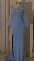 Abito da sera elegante blu con piume e paillettes, spacco lungo, abito da ballo per festa Y7587