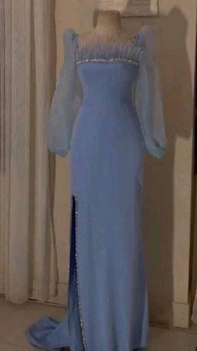 Abito da sera elegante blu con piume e paillettes, spacco lungo, abito da ballo per festa Y7587