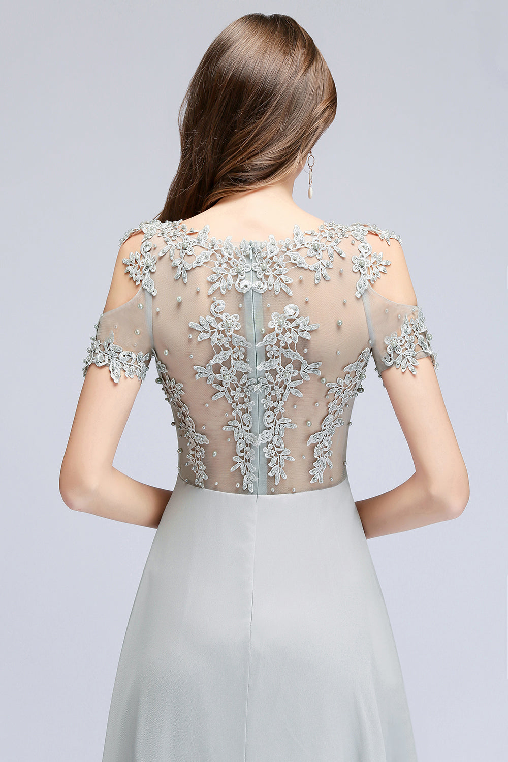 BMbridal Short Sleeve Lace Appliques Chiffon A Line Floor Length Prom Dress