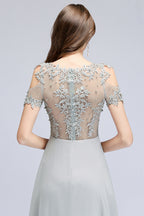 BMbridal Short Sleeve Lace Appliques Chiffon A Line Floor Length Prom Dress