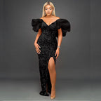 Sexy Ruffles V-neck Elegant Sequ High-End Maxi Dress Ladies Banquet Evening Dress Women Party Dre