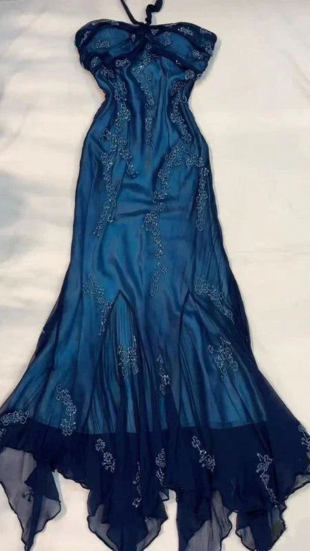 Vestido de Baile Vintage Halter com Contas Azul-Marinho de Chiffon Tipo Sereia Longo para Festa e Noite Y7504