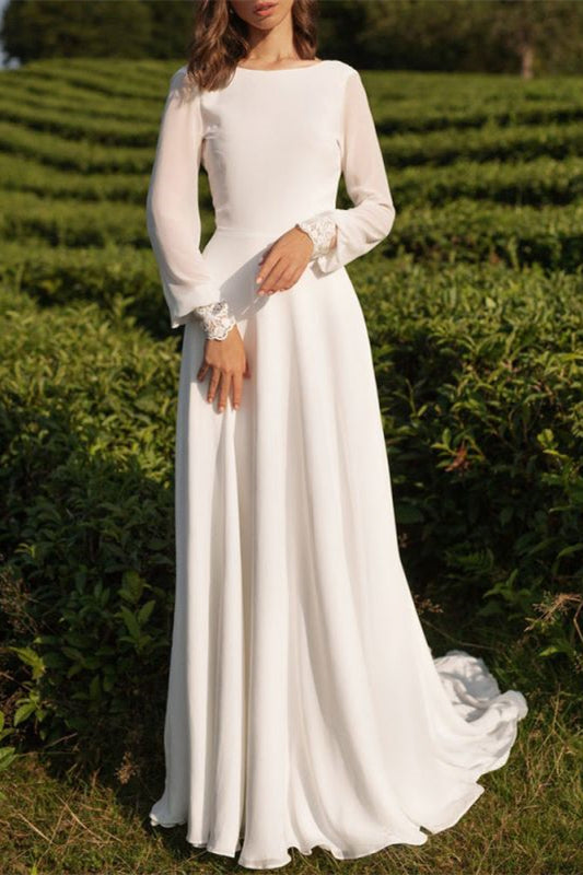 Tulle Bateau Long Sleeves Boho Wedding Dress Open Back A Line