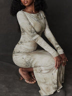 Lange Ärmel, schmal, bedruckt, mit Schlitz am Rücken, geteilter Schnitt, Rundhalsausschnitt, Abendkleider, Maxikleider 