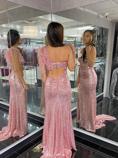Vestido de fiesta de sirena negro único y brillante con un solo hombro