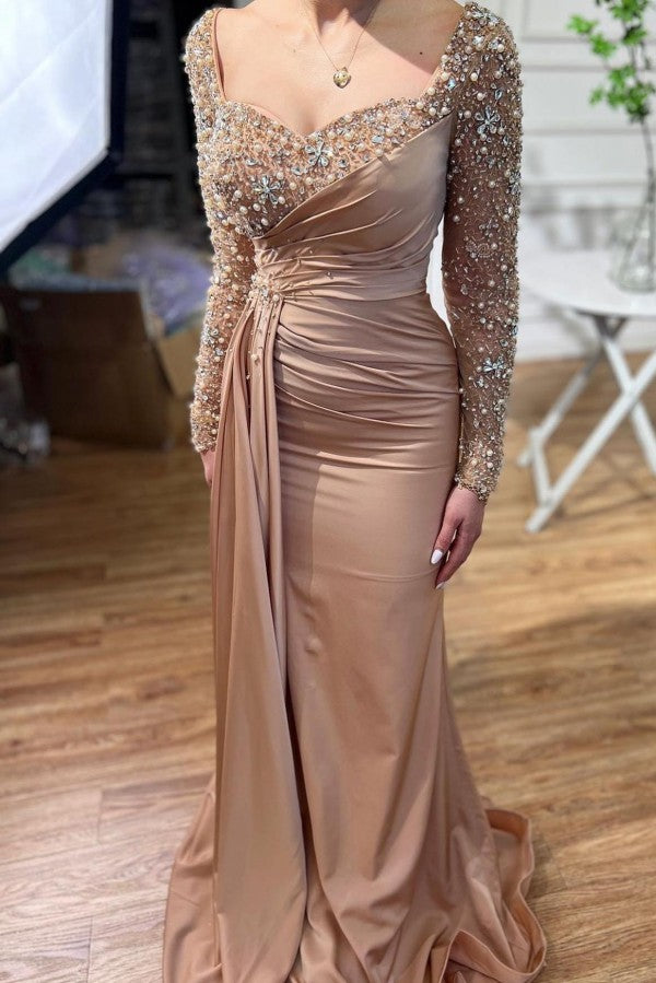 Satin Mermaid Evening Dress With Long Sleeves Pearls And Rhinestones V Neck