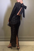 Vestido de Noite Com Laço e Sequins Sólidos Sensuais