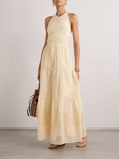 Elegantes Neckholder-Maxikleid aus verzierter Spitze und Netz 
