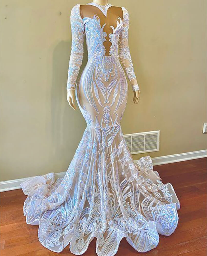 Abito da sera sirena in pizzo con applicazioni di paillettes bianche e maniche lunghe