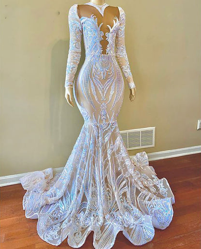 Vestido de fiesta de sirena con apliques de lentejuelas blancas y encaje con mangas largas
