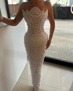 Luxury Strapless Sheath Lace Pearl Prom Dress Mermaid Floor