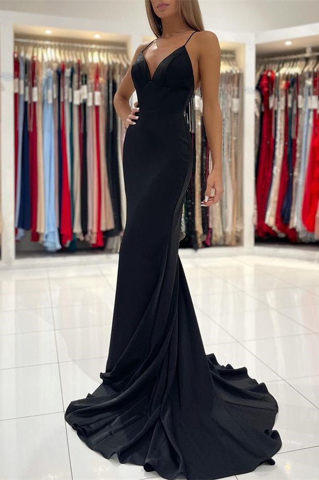 Vestido longo de baile de finalista estilo sereia em charmeuse preto elegante com alças finas