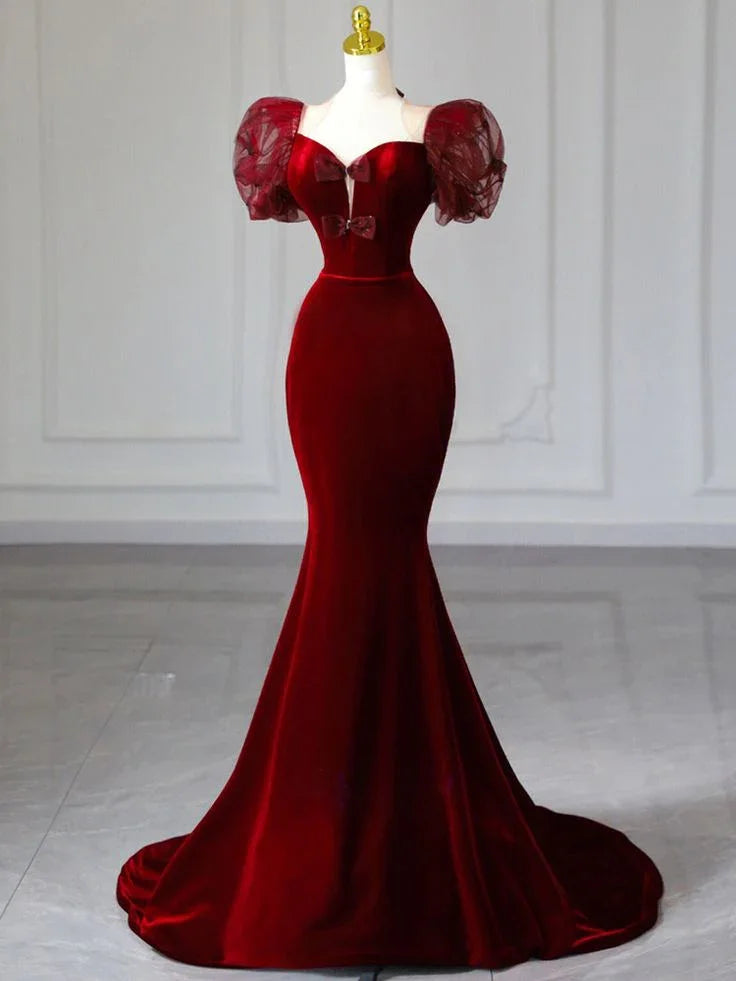 Abito da sera elegante color bordeaux con maniche a sbuffo in velluto e fiocco, modello Y7674