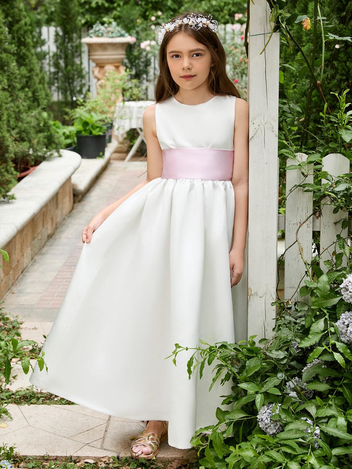 Ivory Satin Flower Girl Ball Gown Ankle Length Dress With Sash