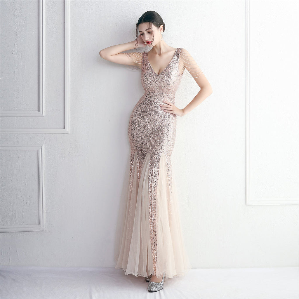 Sequin Mesh Craft Beaded Party Dress: Elegant Long Cocktail Slim Fit Evening Dress