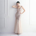 Sequin Mesh Craft Beaded Party Dress: Elegant Long Cocktail Slim Fit Evening Dress