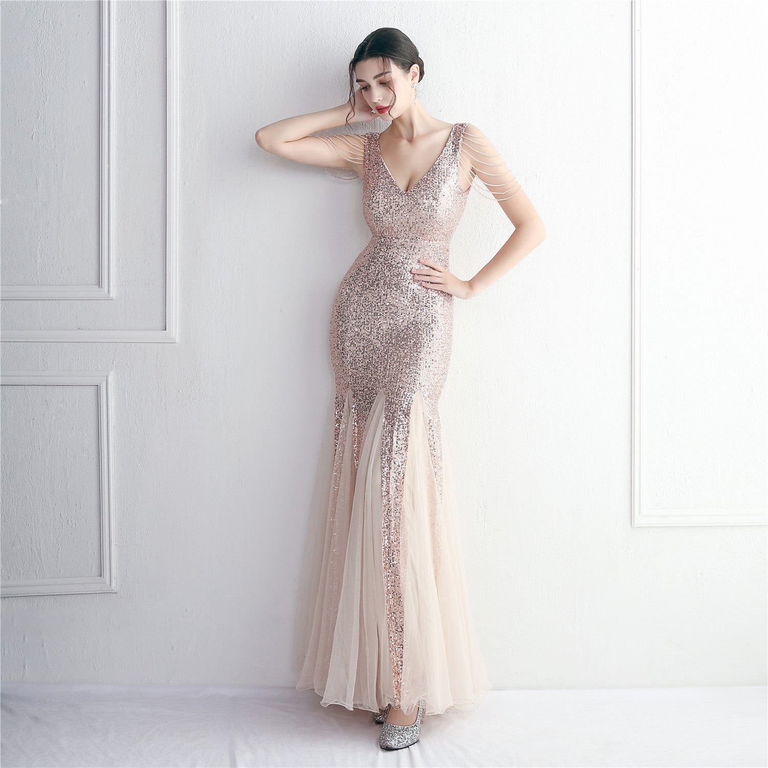 Sequin Mesh Craft Beaded Party Dress: Elegant Long Cocktail Slim Fit Evening Dress