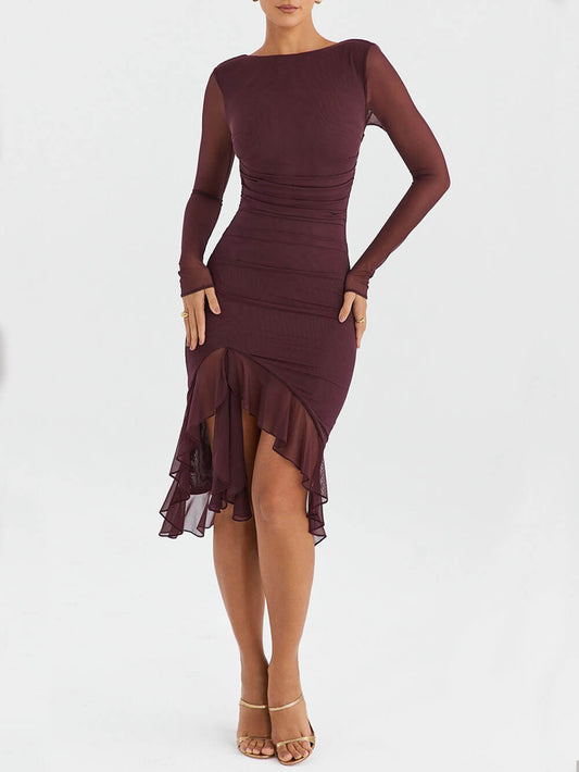 Weinrotes Midikleid mit Rüschen 
