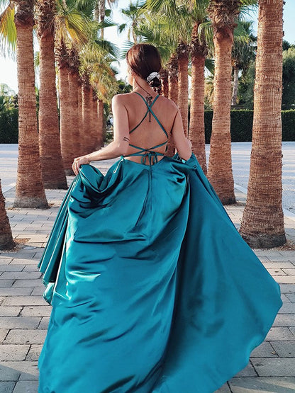 Open Back Split Front Spaghetti Straps Long Prom Dress