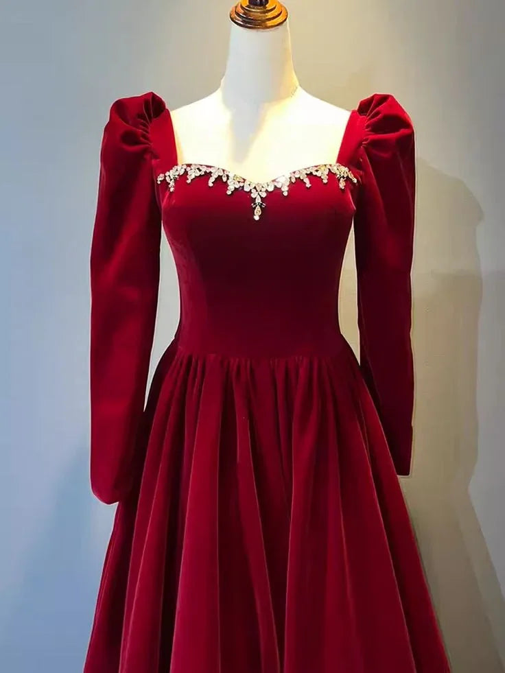 Schönes A-Linien rotes Samtkleid für Abschlussball, Herzausschnitt, Festkleid, Geburtstagsballkleid Y7588