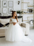 Romantic Ivory Tulle Lace Flower Girl Dress With Long Sleeves Appliques