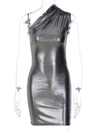 Skinny Asymmetric Shiny Solid Color Split-Joint One-Shoulder Evening Dresses Mini Dresses