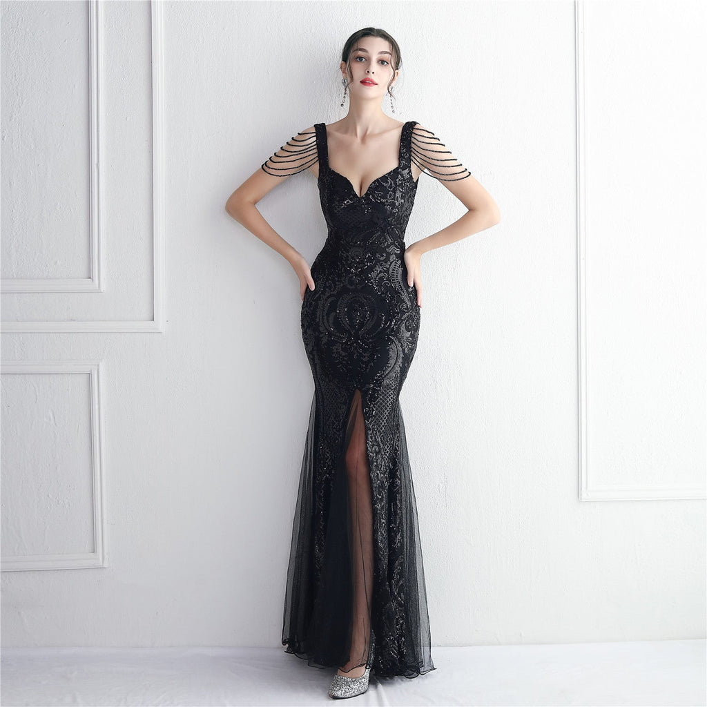 Sequin Mesh Craft Beaded Party Dress Long Cocktail Slim Fit Evening Dress Elegant Long