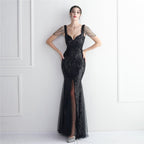 Sequin Mesh Craft Beaded Party Dress Long Cocktail Slim Fit Evening Dress Elegant Long