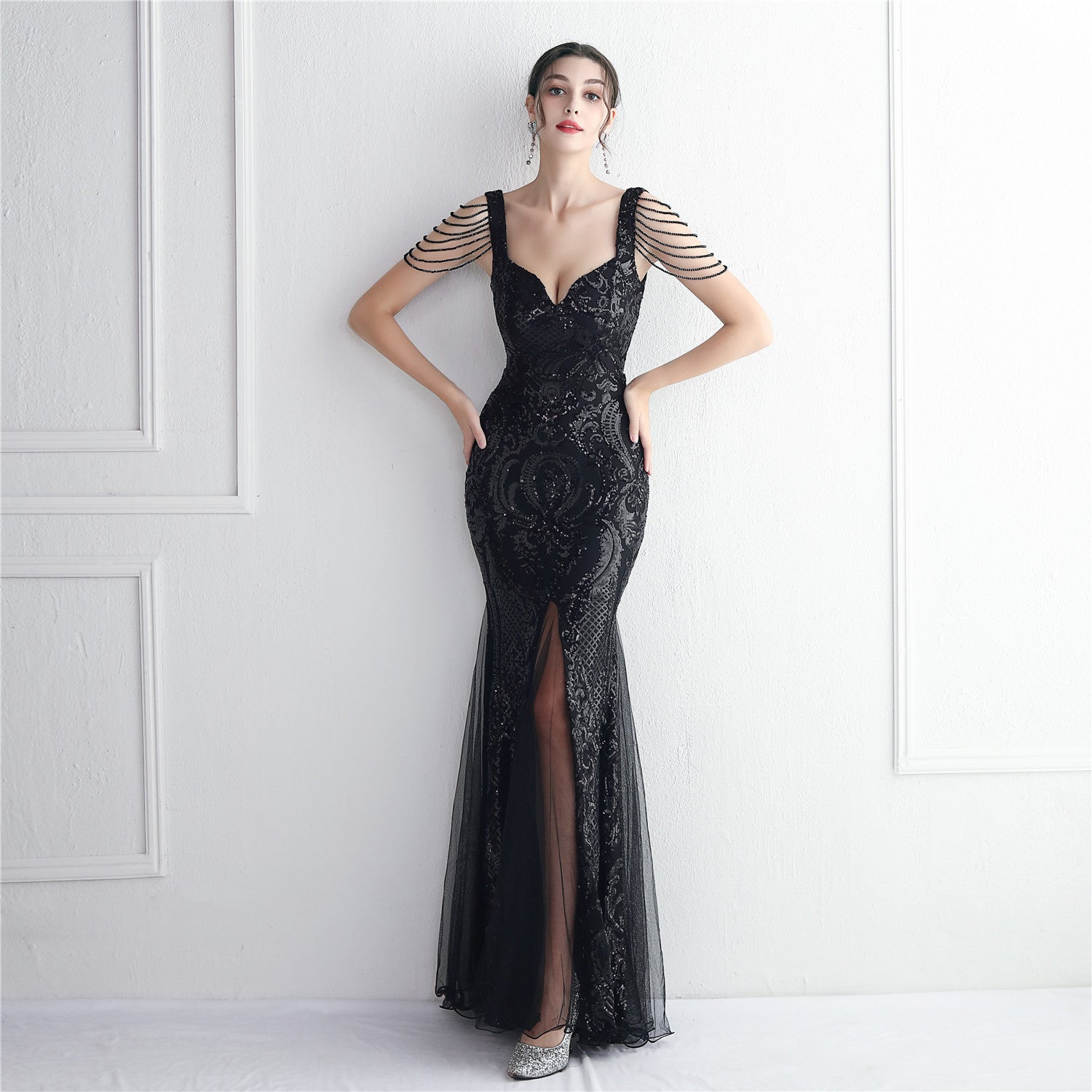 Sequin Mesh Craft Beaded Party Dress Long Cocktail Slim Fit Evening Dress Elegant Long