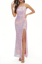 Prominente Elegante Allmähliche Veränderung Patchwork Schlitz Quadrat Kragen Abendkleid Kleider 