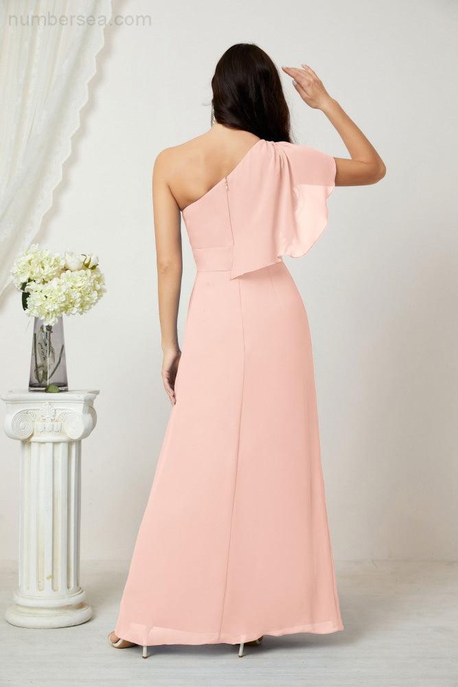 Abito da Sera Formale A-line con Spalla Singola e Balze in Chiffon, Spacco Laterale, per Damigelle, Modello 2809