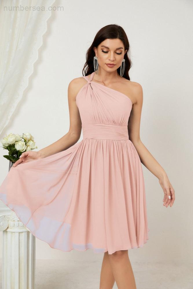 Numbersea Damen Chiffon Kurzes Ein-Schulter Brautjungfernkleid Festliche Kleider für Feier Heimkehr 2804