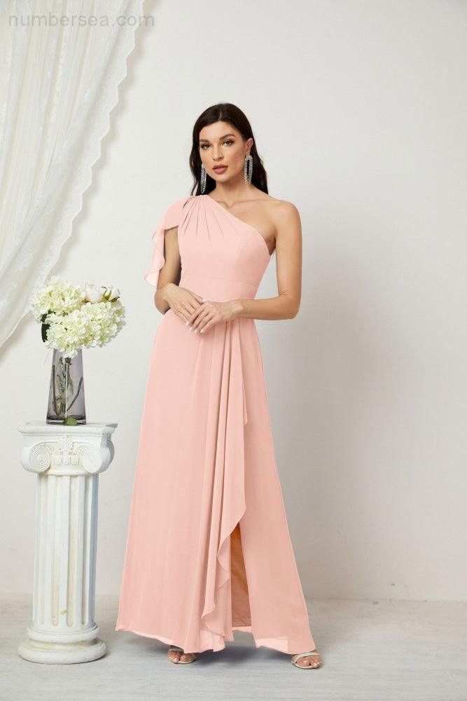 Abito da Sera Formale A-line con Spalla Singola e Balze in Chiffon, Spacco Laterale, per Damigelle, Modello 2809